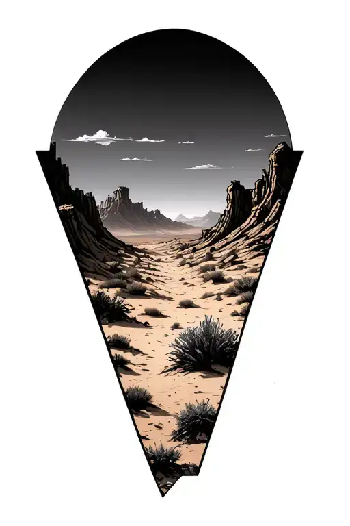 desert landscape inside of a triangle outline intertwined tattoo design idea
