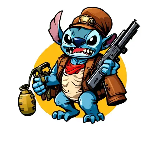 Angry Stitch holding grenade in one hand and machine gun in the other tattoo design idea