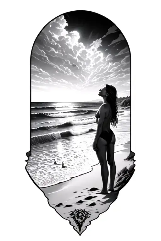 beach theme with person looking up to god  tattoo design idea