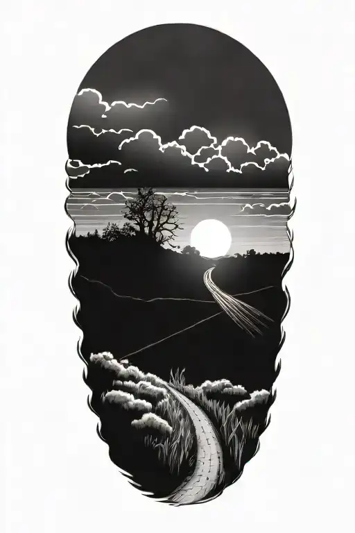 Field path around clouds at the end of the path a sun with 2 birthdays in it and 4 birthdays in the sunbeams tattoo design idea