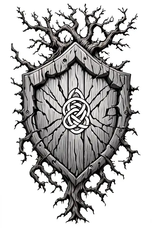 celtic tree of life knot growing out of cracked wooden shield with twisted tendrils of overgrown branches tattoo design idea