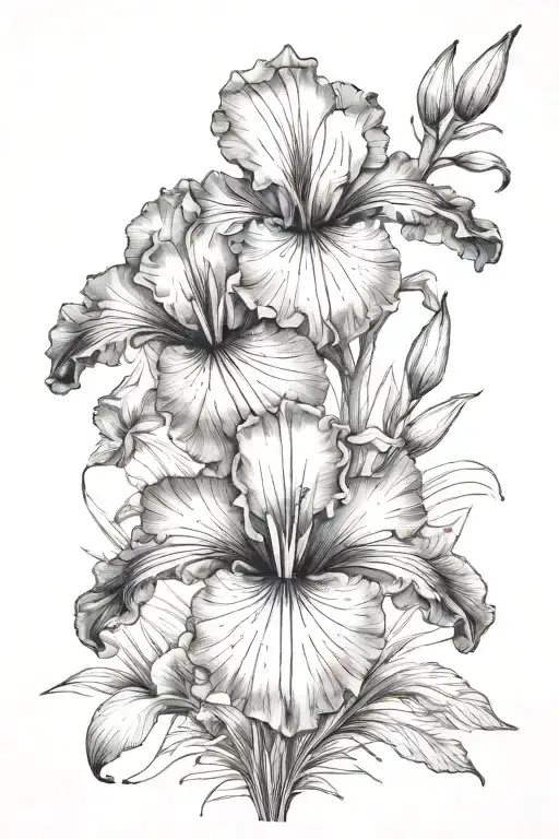 iris and violet flower bouquet fine line tattoo design idea