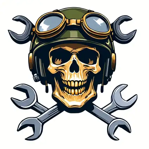 skull with gold tooth wearing world war II style pilot's helmet with goggles above a pair of crossed wrenches tattoo design idea