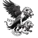 Create me a back of the forearm tattoo with a eagle and an angry lion and these Roman numerals XI•XVII•MMII and the Bibl tattoo design idea