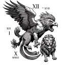 Create me a back of the forearm tattoo with a eagle and an angry lion and these Roman numerals XI•XVII•MMII and the Bibl tattoo design idea