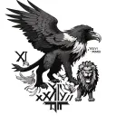 Create me a back of the forearm tattoo with a eagle and an angry lion and these Roman numerals XI•XVII•MMII and the Bibl tattoo design idea