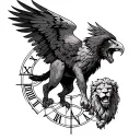 Create me a back of the forearm tattoo with a eagle and an angry lion and these Roman numerals XI•XVII•MMII and the Bibl tattoo design idea