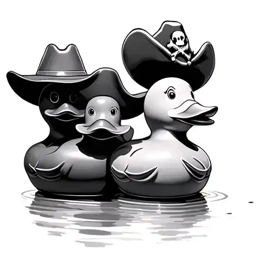 three rubber ducks, one with a cowboy hat, one with a construction hat, one with a pirate hat tattoo design idea