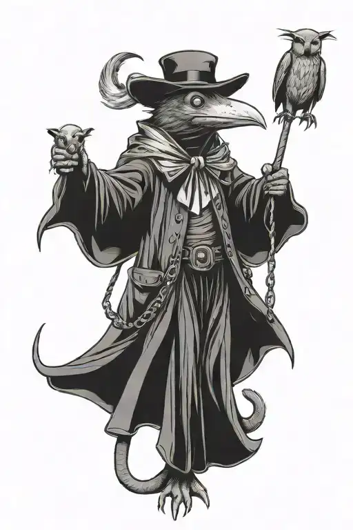 There is a rat wearing a plague doctor's mask and the rat is holding people on a leash in its hands  tattoo design idea