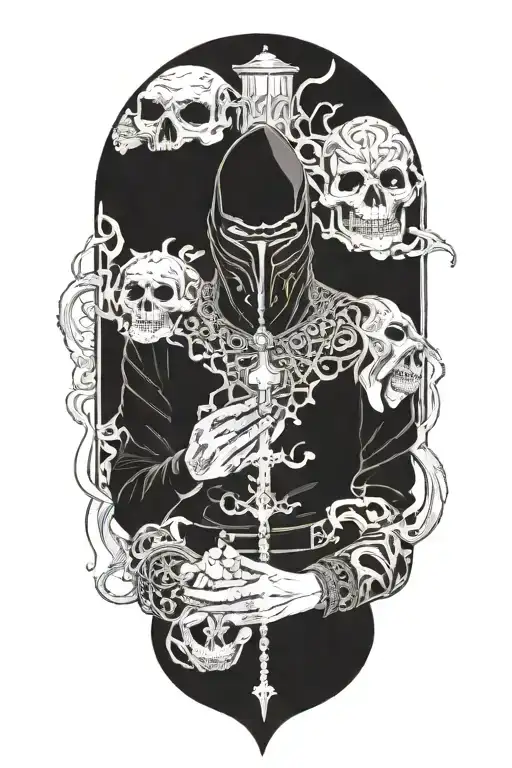 Masked male cultist performing ritual, jewelry, tarot cards, candles tattoo design idea