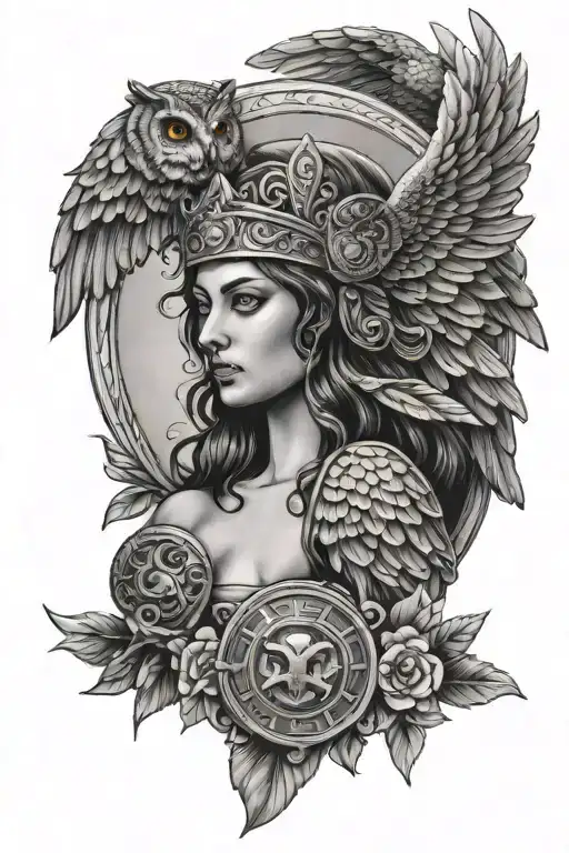 athena with owl and medusa shield adorned tattoo design idea