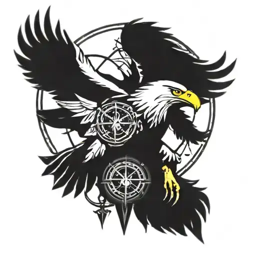 Form arm, dark, eagle face no body , compass, nord myth, focus goal to the north tattoo design idea