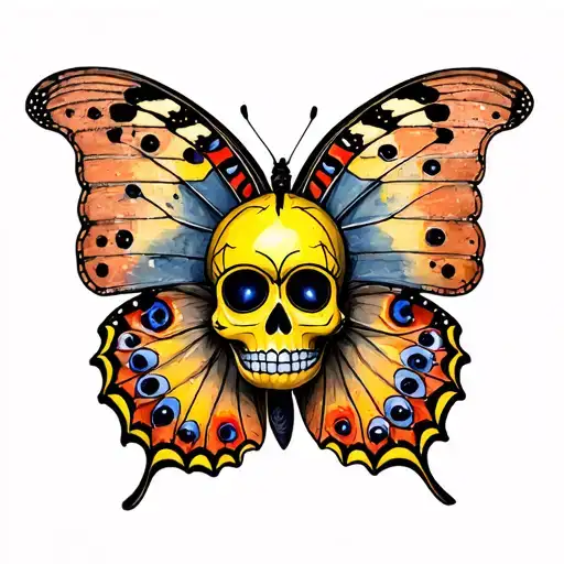 butterfly, sugar skull, yellow, laying bricks tattoo design idea