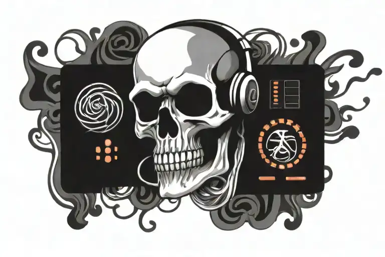 skull roses fire dj controller keyboard merging tattoo design idea