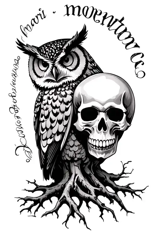 an owl and skull with writing"momento mori" surrounded by tree roots tattoo design idea
