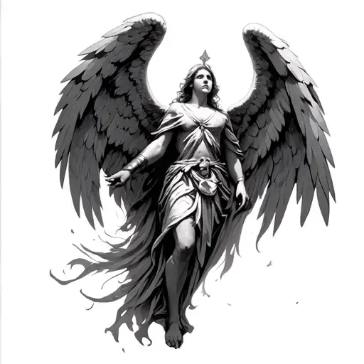warrior angel holding standing tall and looking up to heaven  tattoo design idea