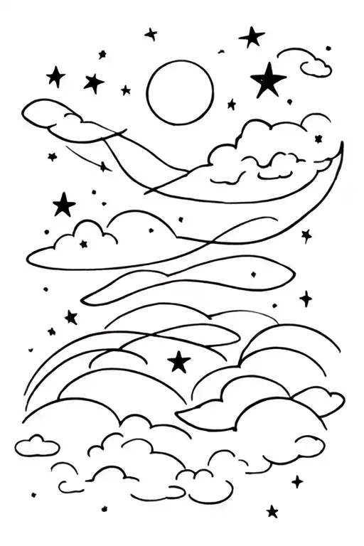 paint lines, stars, moon, clouds tattoo design idea