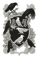 Rooker Family Crest with a shield surrounded by cedar trees with  6 Crows on a celtic cross in a circle tattoo design idea