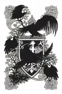 Rooker Family Crest with a shield surrounded by cedar trees with  6 Crows on a celtic cross in a circle tattoo design idea