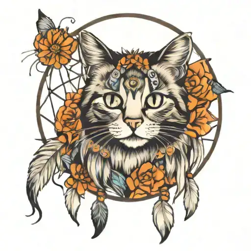 dream catcher with a cat spirit animal tattoo design idea