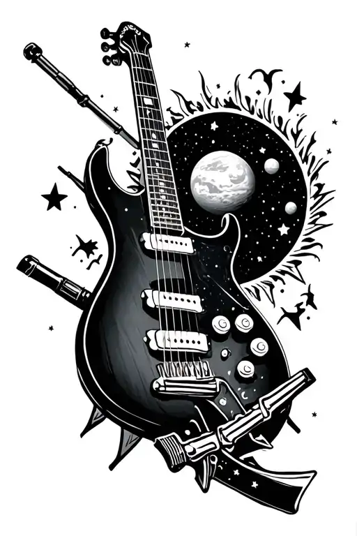 guitar with marigold air rifle planets stars campervan and knights templar  tattoo design idea