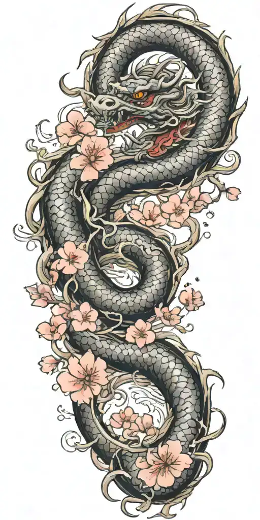 dragon coil and cherry blossom petals falling tattoo design idea