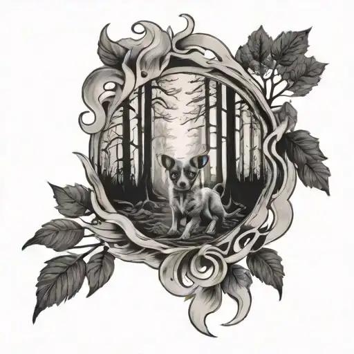 A burning forest and a small puppy surviving inside of it tattoo design idea