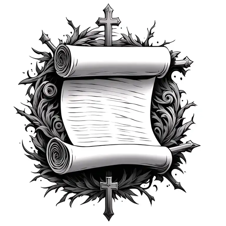 a detailed scroll surrounded by crosses shooting behind it  tattoo design idea