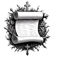 a detailed scroll surrounded by crosses shooting behind it  tattoo design idea