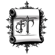 a detailed scroll surrounded by crosses shooting behind it  tattoo design idea