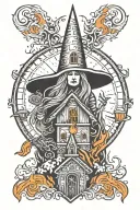 burning witch and church black and orange fire norse tattoo design idea