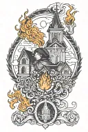 burning witch and church black and orange fire norse tattoo design idea