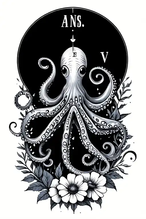 compass fine line with flowers and a cute octopus  tattoo design idea