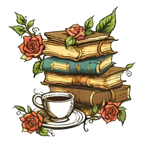 A tattoo of a stack of books with a cup of tea on top. Symbols from A Court of Thorns and Roses, Harry Potter around it. tattoo design idea