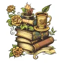 A tattoo of a stack of books with a cup of tea on top. Symbols from A Court of Thorns and Roses, Harry Potter around it. tattoo design idea