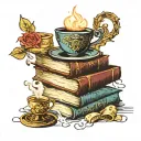 A tattoo of a stack of books with a cup of tea on top. Symbols from A Court of Thorns and Roses, Harry Potter around it. tattoo design idea