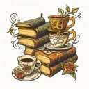 A tattoo of a stack of books with a cup of tea on top. Symbols from A Court of Thorns and Roses, Harry Potter around it. tattoo design idea