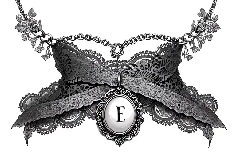 center neck tattooo with lace locket and lace necklace wrapping around  tattoo design idea