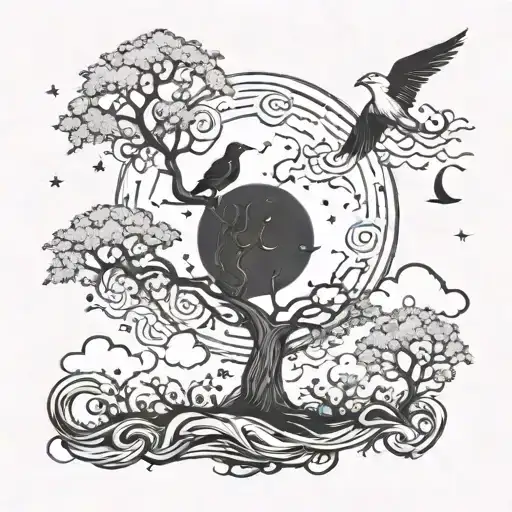 A mystical poison tree reaching up towards a crescent moon, surrounded by swirling clouds and a flock of birds in flight tattoo design idea