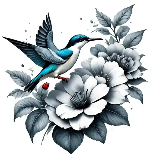 Flowers with a humming bird and a kingfisher with a little ladybird tattoo design idea