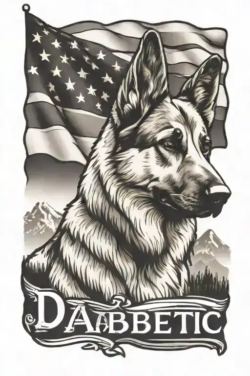 portrait of German shepherd saying "diabetic" mountain scene American flag tattoo design idea