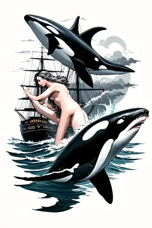 if the ocean was a woman, tasteful nude with the black pearl ship in the background, an orca, and a great white fighting tattoo design idea
