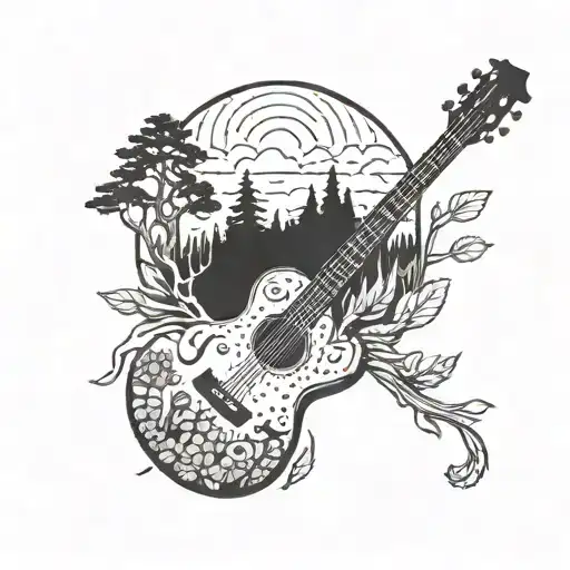 A wilderness scene with a hidden guitar silhouette tattoo design idea