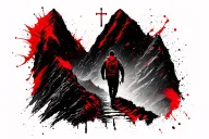 guy walking up mountain on a path with cross at top tattoo design idea