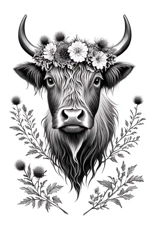 highland cow head with thistle flower crown tattoo design idea
