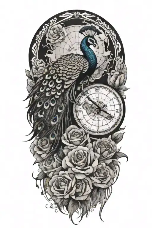 Peacock, Rose, World Map, Upper Arm tattoo design idea