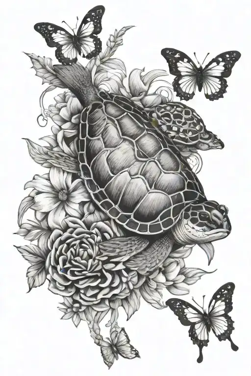walleye fish, daisy, turtle, butterfly, sun, violet flower tattoo design idea