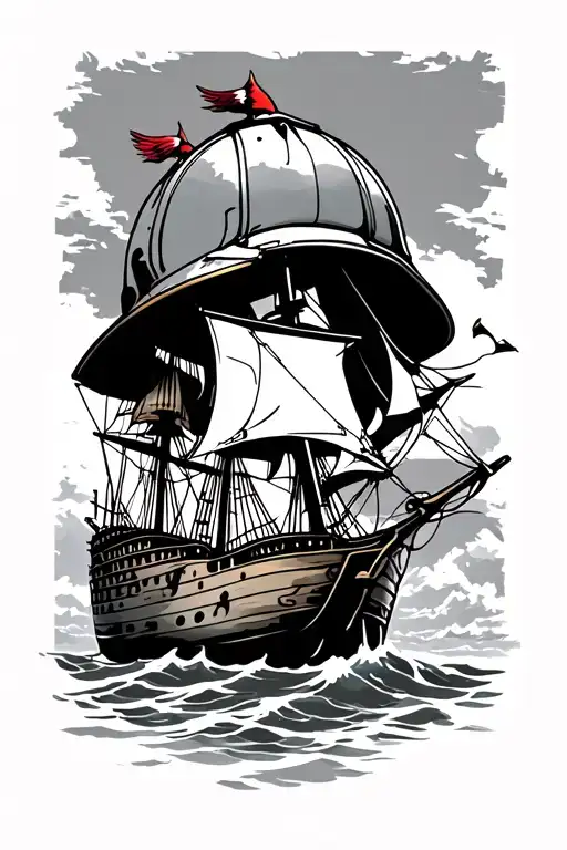 Sleeve with a cardinal, mining helmet, sailing ship, bingo marker tattoo design idea