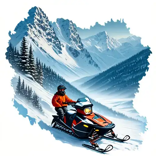snow covered miuntains in the shape of a skiddo summit snowmobile with a cabin in the valley tattoo design idea