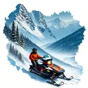 snow covered miuntains in the shape of a skiddo summit snowmobile with a cabin in the valley tattoo design idea